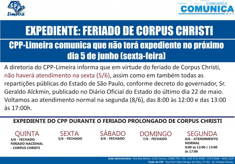 01.06.2015 - COMUNICA - FERIADO CORPUS CHRISTI