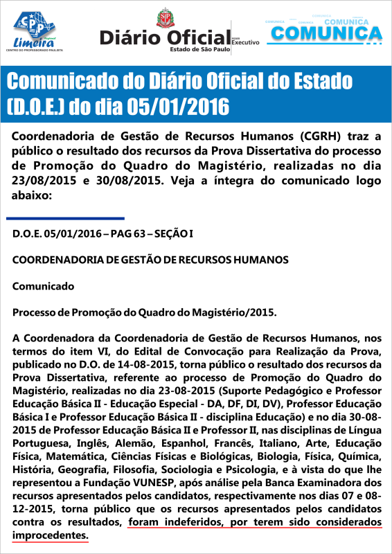 06.01.2016 - COMUNICA DIÁRIO OFICIAL - comunicado recurso de prova