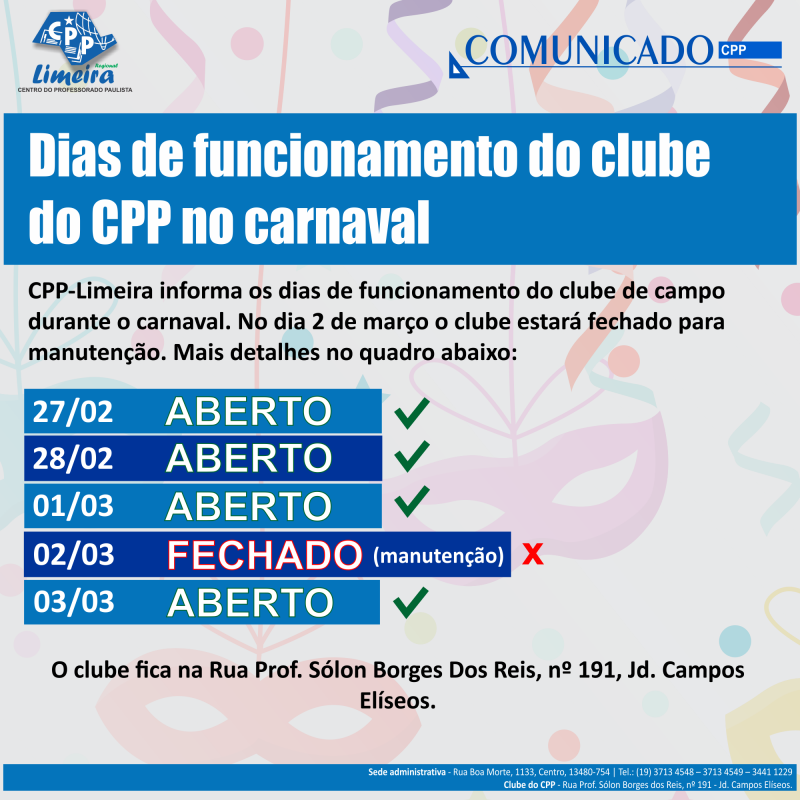 20.02.2017 - COMUNICADO - carnaval clube - dias de funcionamento