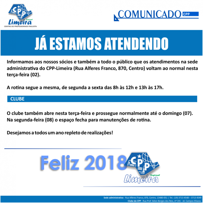 02.01.2017 - COMUNICADO - Já estamos atendendo