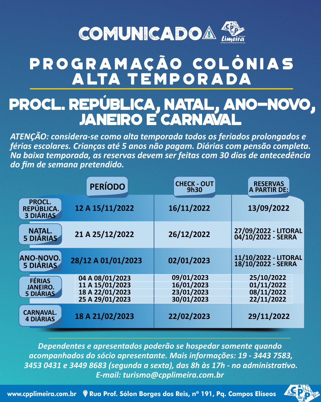 COLÔNIAS | Programação alta temporada: Procl. República, Natal, ano-novo,  janeiro e Carnaval - CPP Limeira